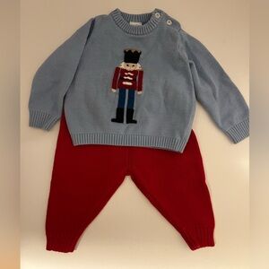 Christmas Blue Sweater and Red Pants Set with Toy Soldier Design. Holiday wear